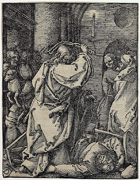 Albrecht Durer woodcut of Christ driving moneychangers from the temple